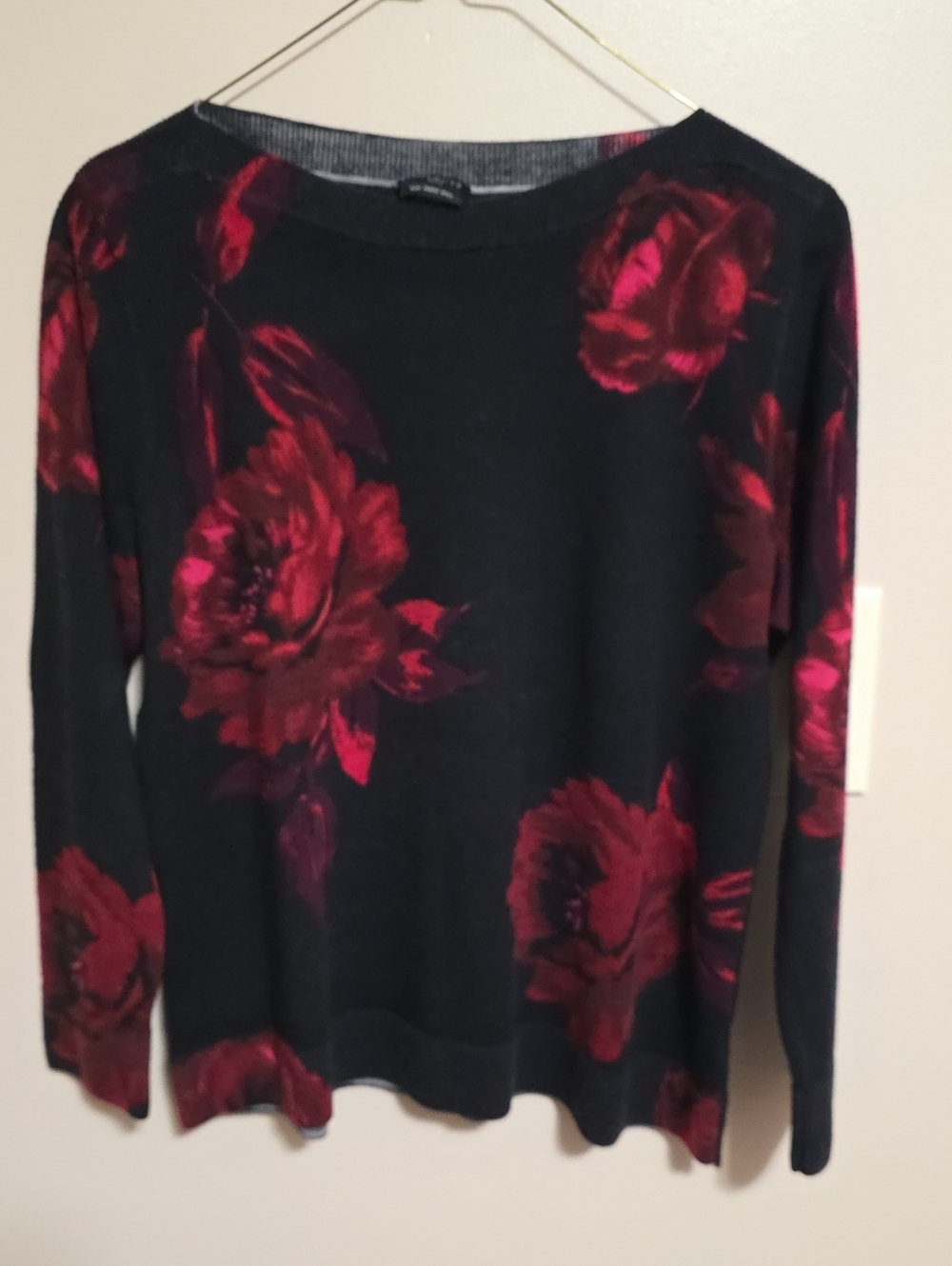 Talbots Black Sweater with Red Floral Design